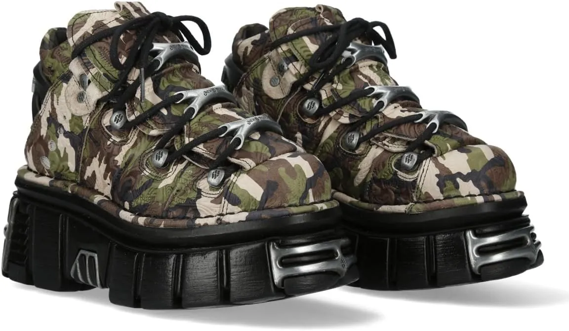 New Rock M-106-C169 Camouflage Leather Metallic Gothic Ankle Boots
