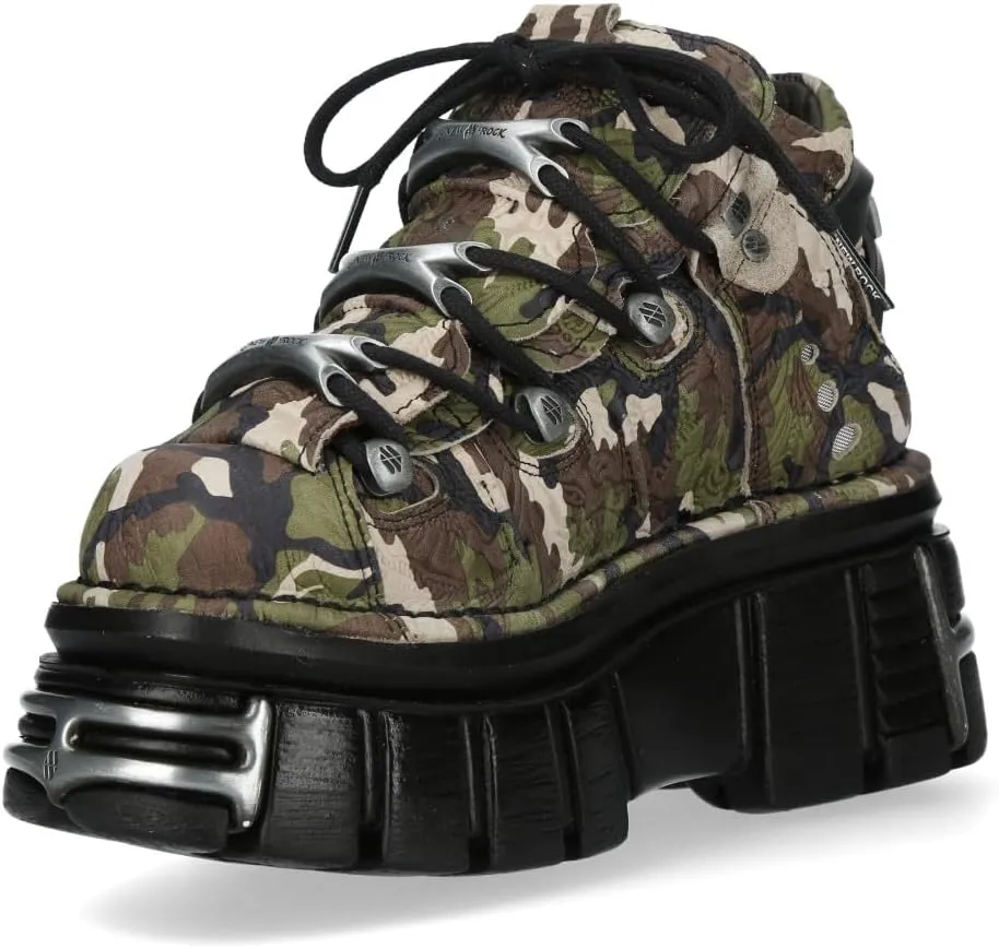 New Rock M-106-C169 Camouflage Leather Metallic Gothic Ankle Boots
