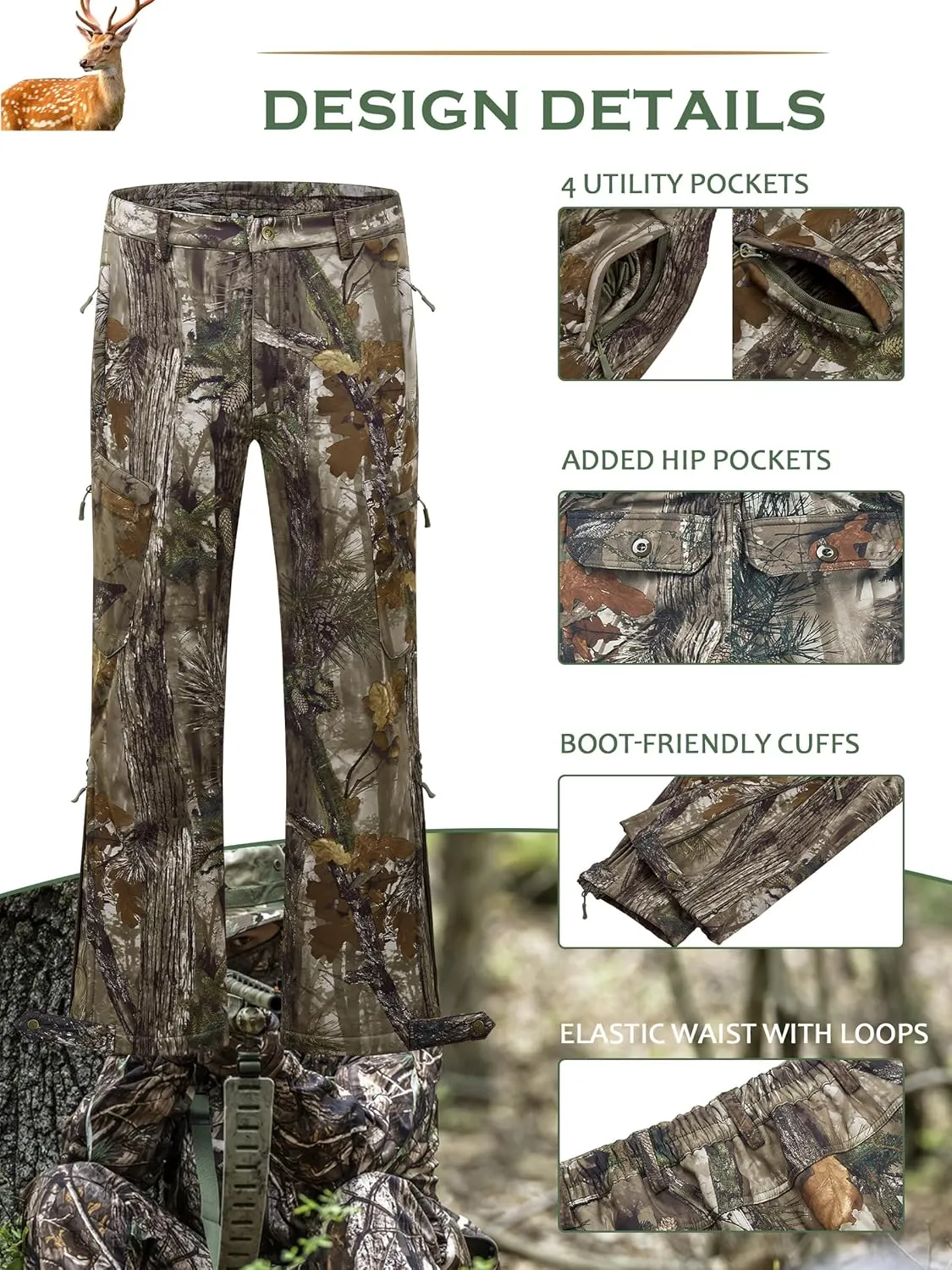 NEW VIEW Camo Hunting Pants for Men, Warm Fleece Lined, Quiet Water-Resistant Winter Clothes for Cold Weather
