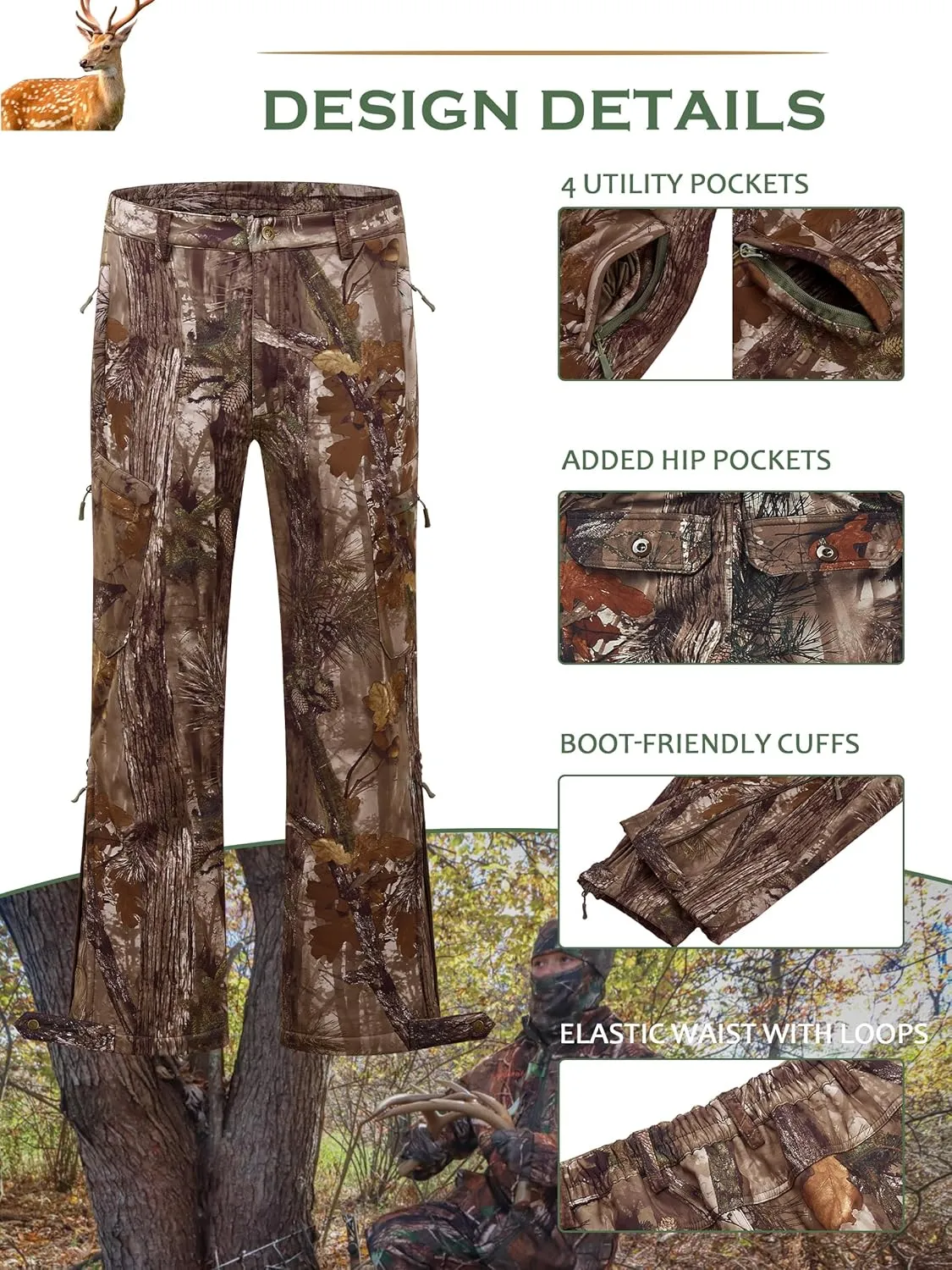 NEW VIEW Camo Hunting Pants for Men, Warm Fleece Lined, Quiet Water-Resistant Winter Clothes for Cold Weather