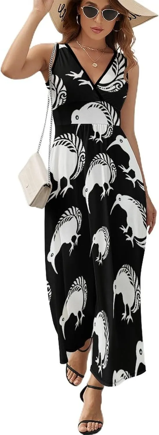 New Zealand Kiwi Fern Women Maxi Dress Sleeveless Sundress Casual Tank Long Dresses