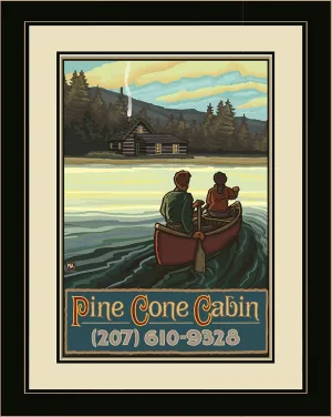 Northwest Art Mall PAL-1983 LFGDM LKCH Pine Cone Cabin Lake Canoers Hills Framed Wall Art by Artist Paul A. Lanquist, 20 x 26-Inch