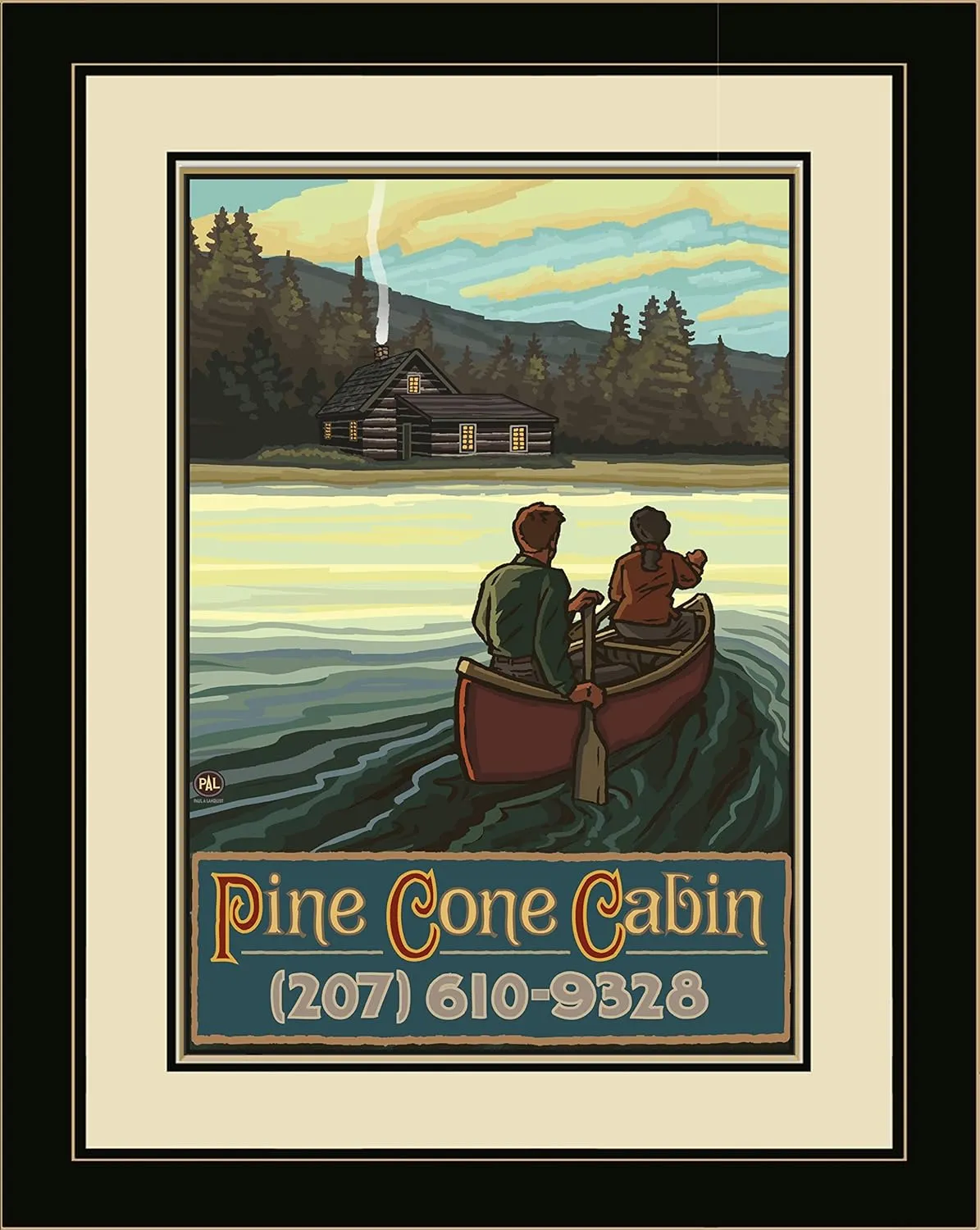 Northwest Art Mall PAL-1983 LFGDM LKCH Pine Cone Cabin Lake Canoers Hills Framed Wall Art by Artist Paul A. Lanquist, 20 x 26-Inch