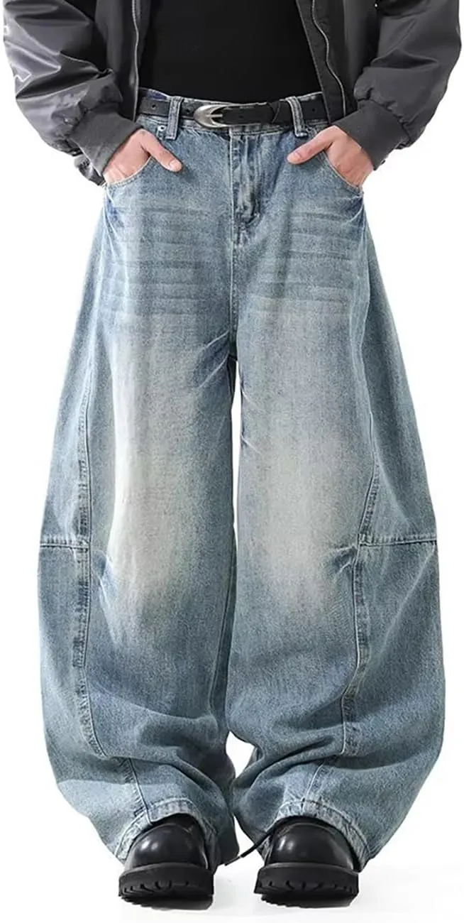 Nutriangee Men's Baggy Wide Leg Barrel Jeans Loose Fit Trendy Cutlass Streetwear Y2k Hip Hop Denim Pants