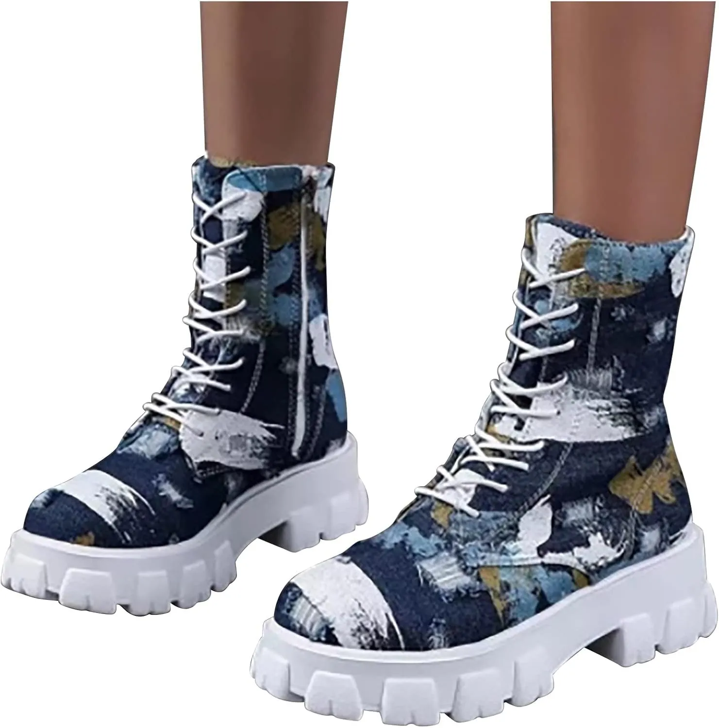 oiangi Ankle Boots for Women 2022 Fall Fashion Platform Camouflage Cross Lace up Western Low Heel Booties Casual Round Toe Side Zipper Shoes