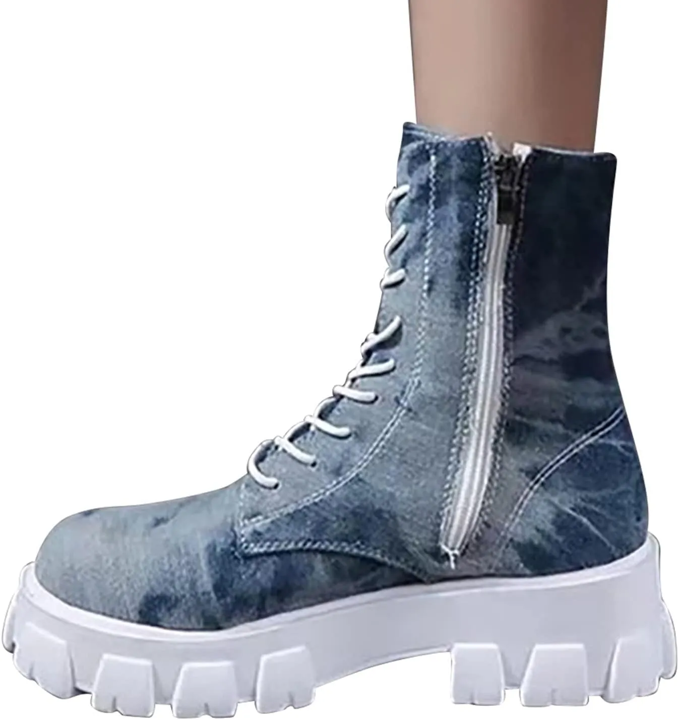 oiangi Ankle Boots for Women 2022 Fall Fashion Platform Camouflage Cross Lace up Western Low Heel Booties Casual Round Toe Side Zipper Shoes