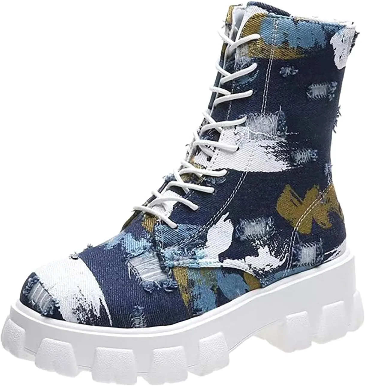 oiangi Ankle Boots for Women 2022 Fall Fashion Platform Camouflage Cross Lace up Western Low Heel Booties Casual Round Toe Side Zipper Shoes