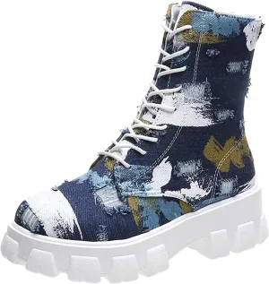 oiangi Ankle Boots for Women 2022 Fall Fashion Platform Camouflage Cross Lace up Western Low Heel Booties Casual Round Toe Side Zipper Shoes