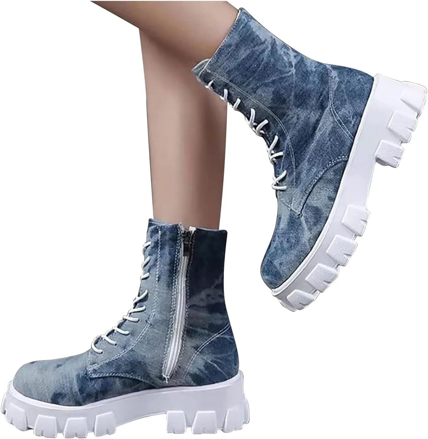 oiangi Ankle Boots for Women 2022 Fall Fashion Platform Camouflage Cross Lace up Western Low Heel Booties Casual Round Toe Side Zipper Shoes