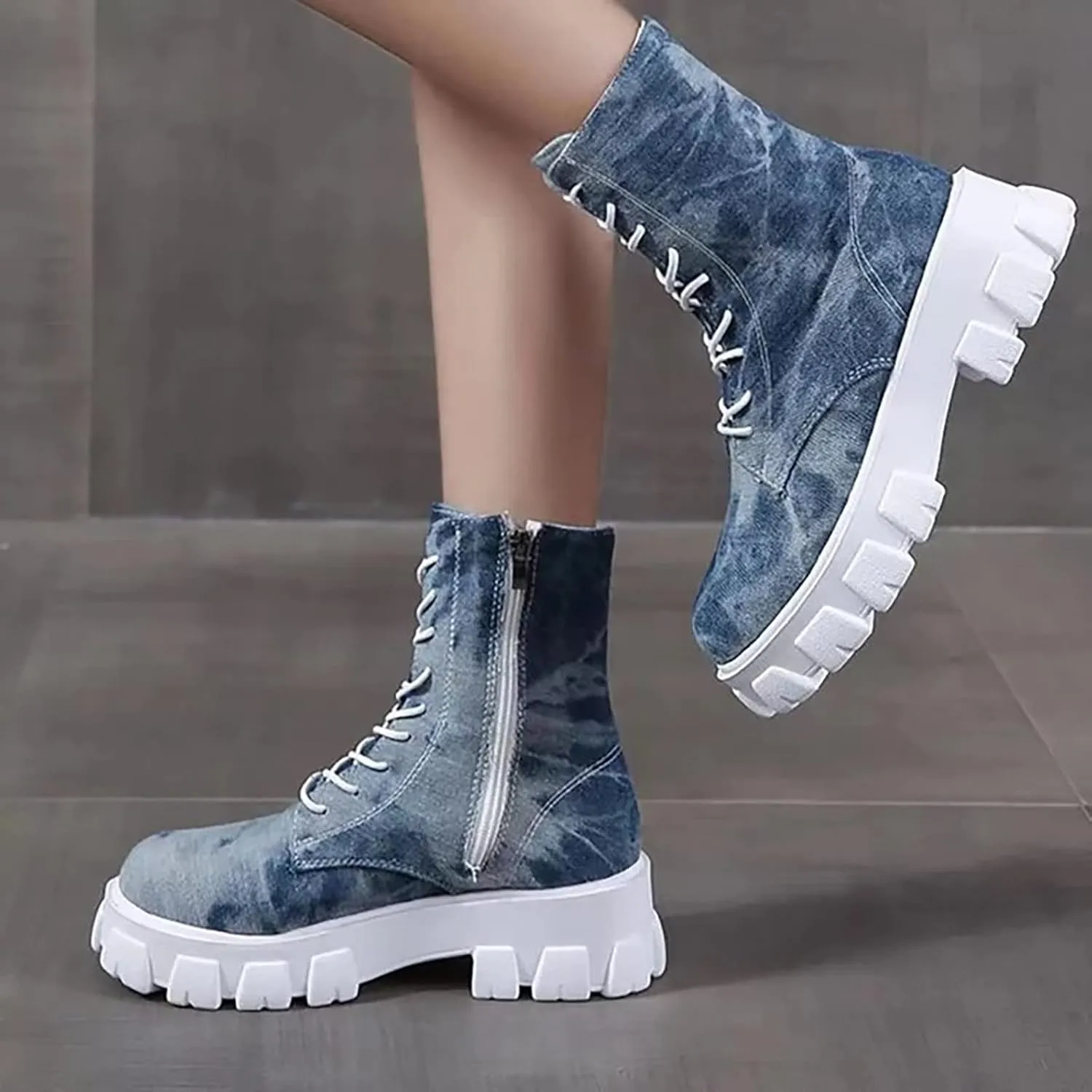 oiangi Ankle Boots for Women 2022 Fall Fashion Platform Camouflage Cross Lace up Western Low Heel Booties Casual Round Toe Side Zipper Shoes