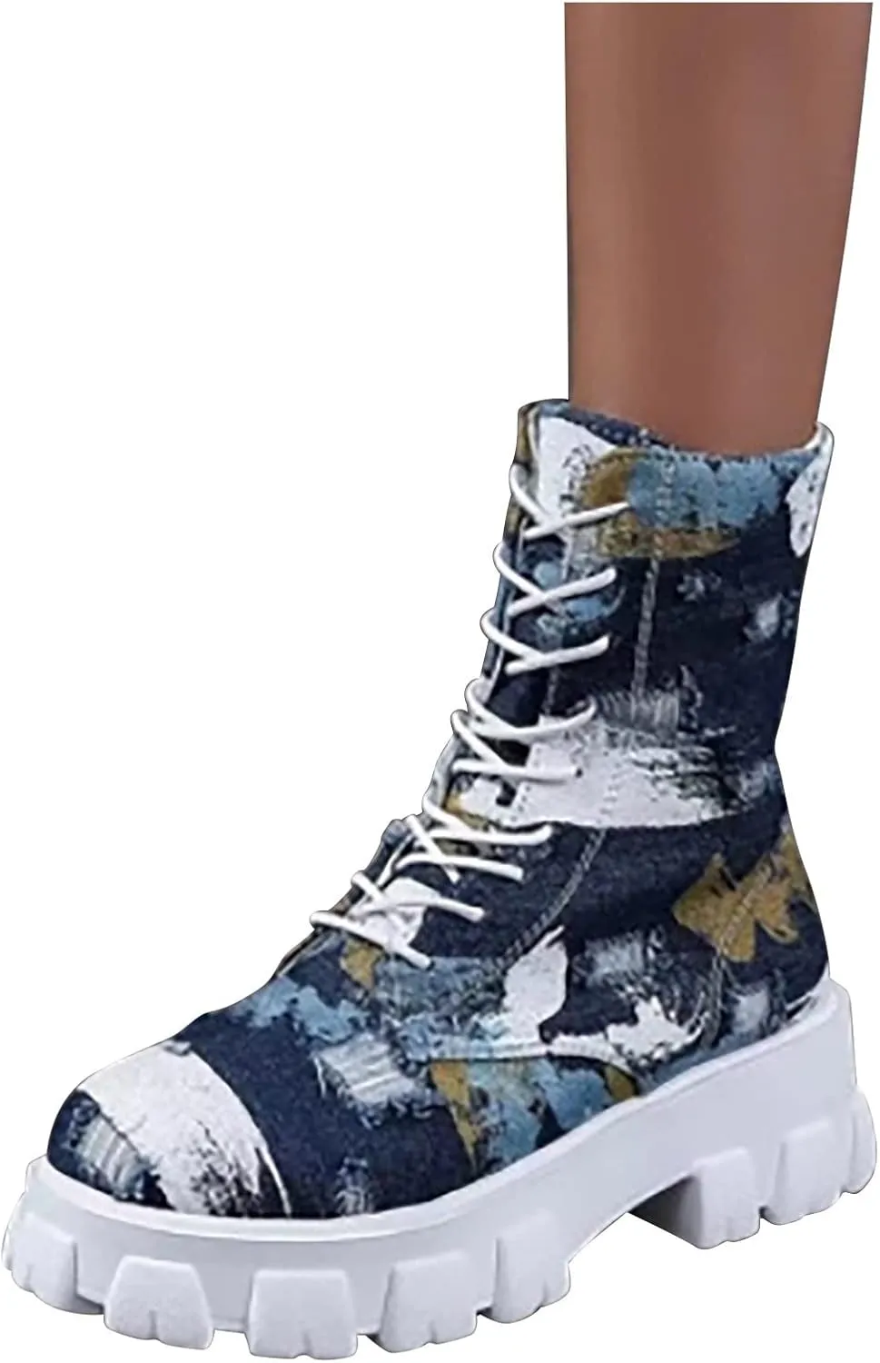 oiangi Ankle Boots for Women 2022 Fall Fashion Platform Camouflage Cross Lace up Western Low Heel Booties Casual Round Toe Side Zipper Shoes