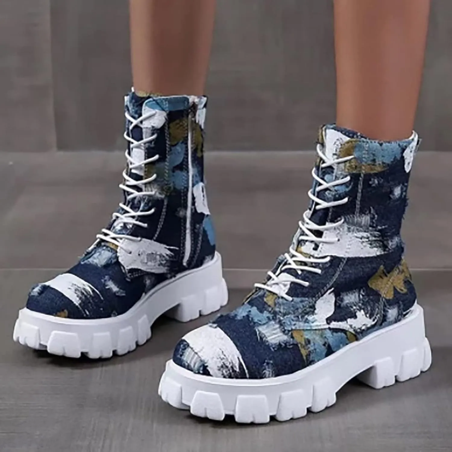 oiangi Ankle Boots for Women 2022 Fall Fashion Platform Camouflage Cross Lace up Western Low Heel Booties Casual Round Toe Side Zipper Shoes