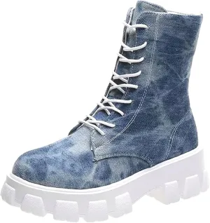 oiangi Ankle Boots for Women 2022 Fall Fashion Platform Camouflage Cross Lace up Western Low Heel Booties Casual Round Toe Side Zipper Shoes