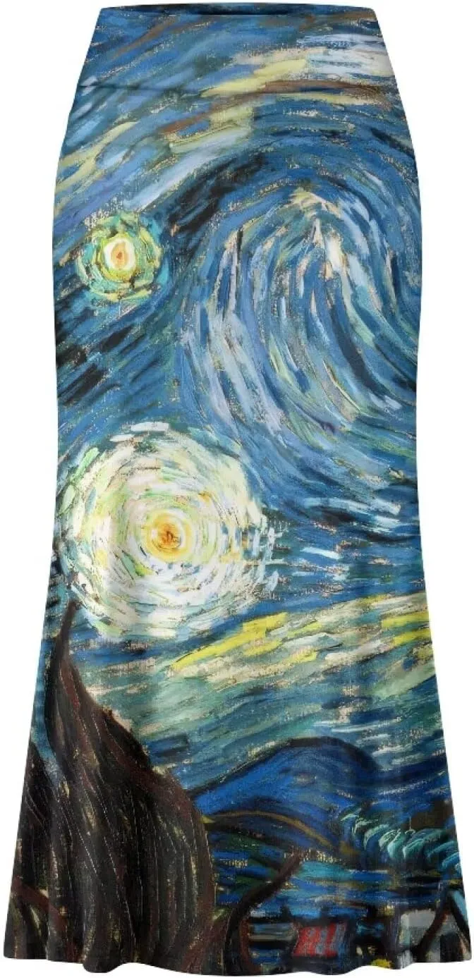 Oil Painting Printed Women's Party Long Flare Maxi Zipper Elegant Skirt High Waisted A-Link Long Maxi Skirt