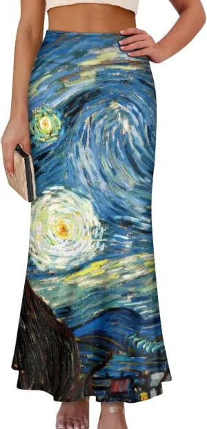 Oil Painting Printed Women's Party Long Flare Maxi Zipper Elegant Skirt High Waisted A-Link Long Maxi Skirt