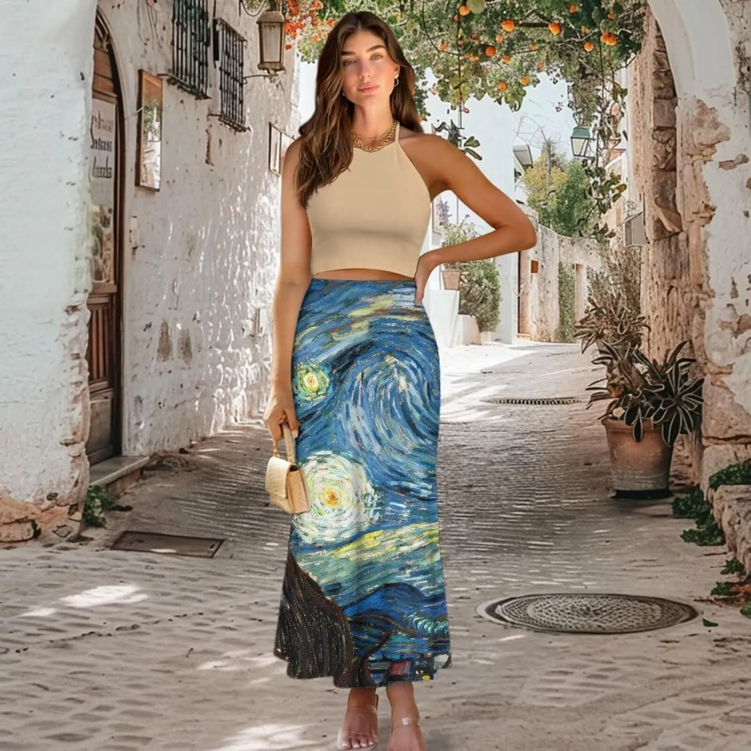 Oil Painting Printed Women's Party Long Flare Maxi Zipper Elegant Skirt High Waisted A-Link Long Maxi Skirt