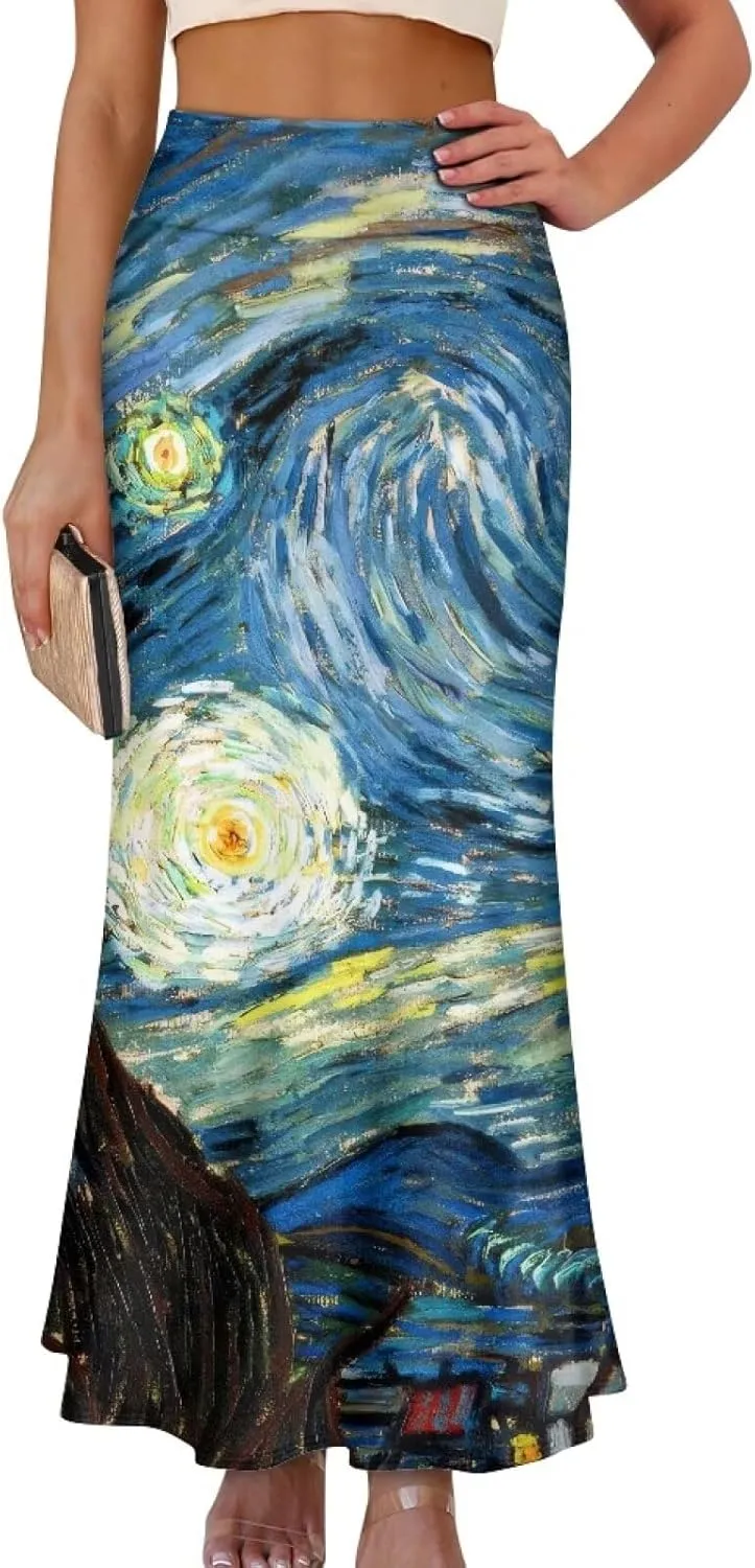 Oil Painting Printed Women's Party Long Flare Maxi Zipper Elegant Skirt High Waisted A-Link Long Maxi Skirt