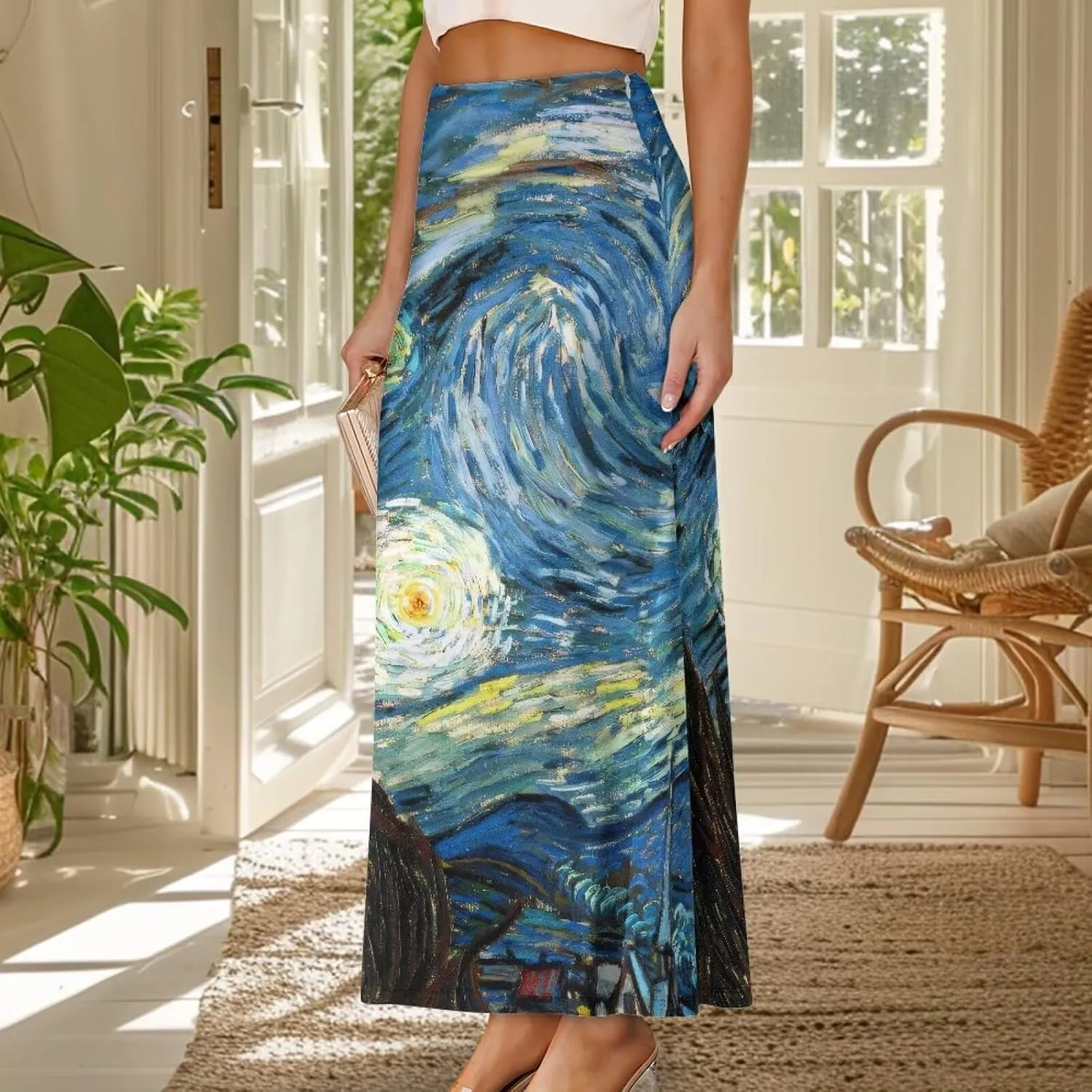 Oil Painting Printed Women's Party Long Flare Maxi Zipper Elegant Skirt High Waisted A-Link Long Maxi Skirt