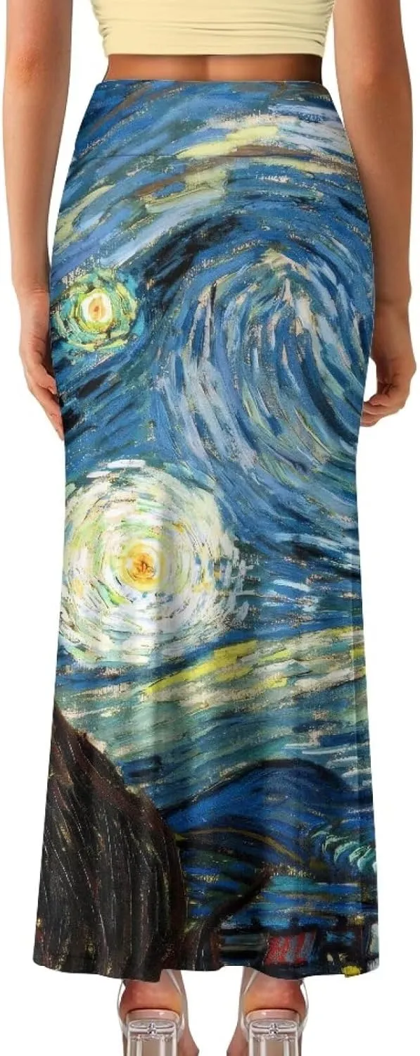 Oil Painting Printed Women's Party Long Flare Maxi Zipper Elegant Skirt High Waisted A-Link Long Maxi Skirt