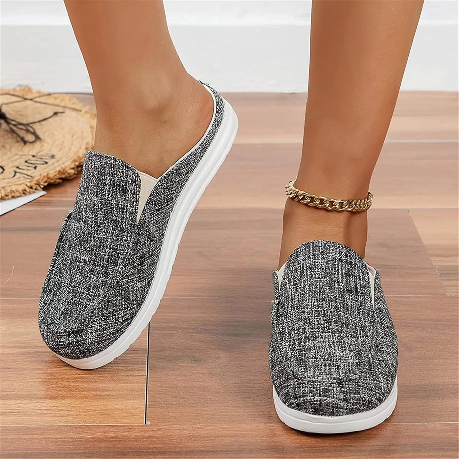 OMIREL Women Summer Sandals Beach Wedge Sandals Flip-Flop Canvas Causal Comfortable Round Toe Gladiator Outdoor Shoes Slip on Mule Backless Holiday Walking Shoes,Black,US11/EU42