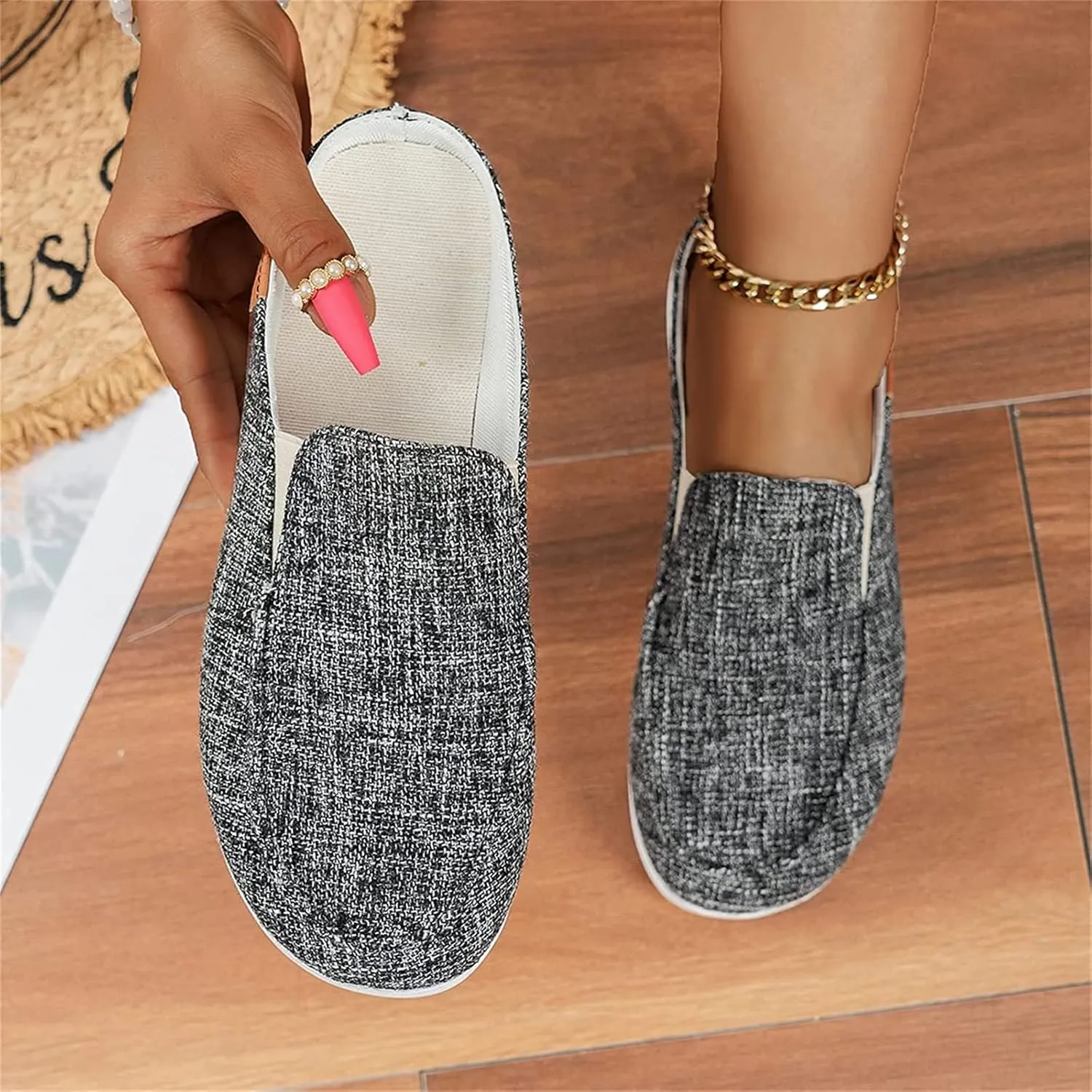 OMIREL Women Summer Sandals Beach Wedge Sandals Flip-Flop Canvas Causal Comfortable Round Toe Gladiator Outdoor Shoes Slip on Mule Backless Holiday Walking Shoes,Black,US11/EU42