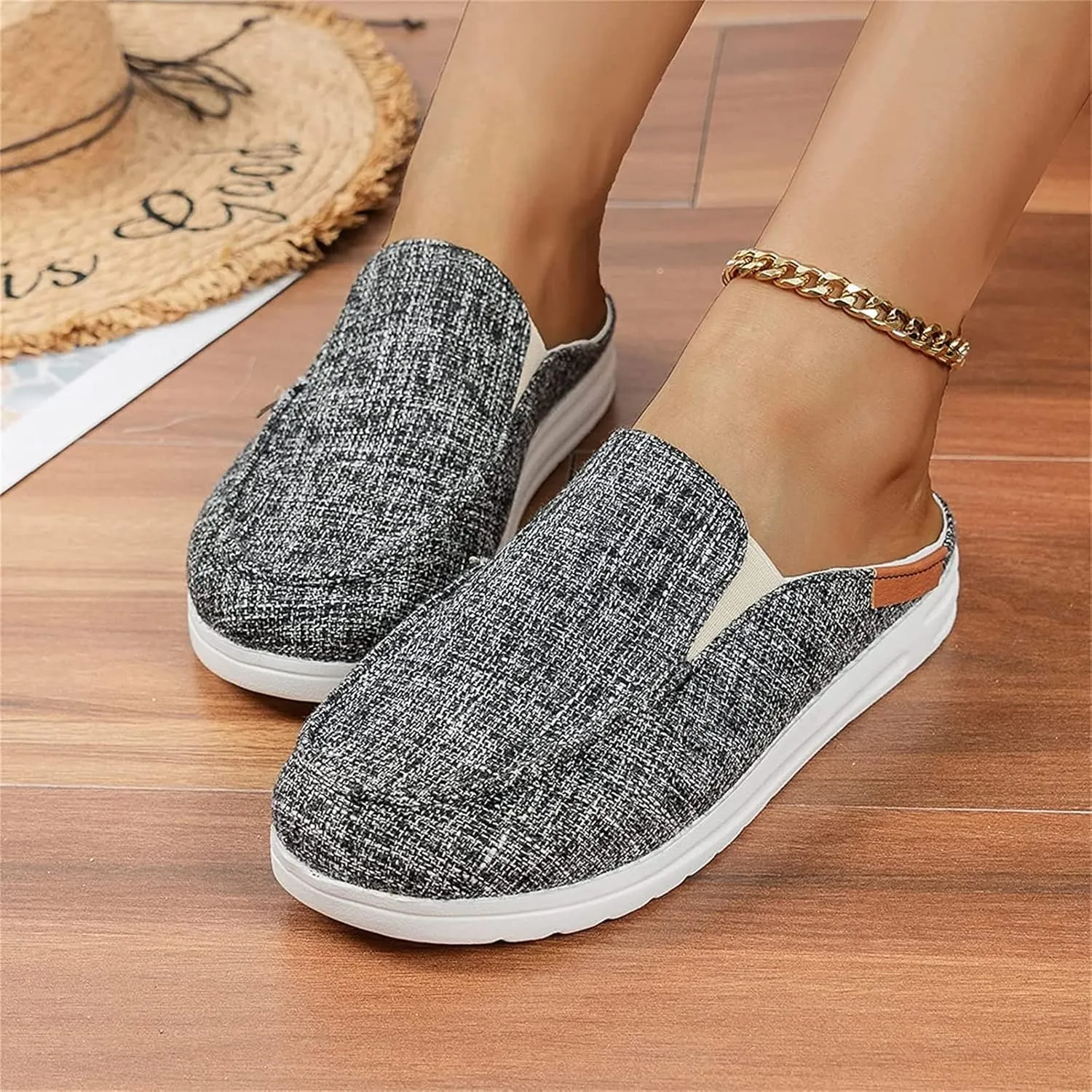 OMIREL Women Summer Sandals Beach Wedge Sandals Flip-Flop Canvas Causal Comfortable Round Toe Gladiator Outdoor Shoes Slip on Mule Backless Holiday Walking Shoes,Black,US11/EU42