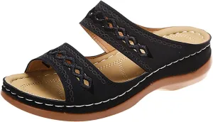 Orthopedic Sandals for Women 2025 Casual Vintage Embroidered Slippers Slip on Summer Arch Support Walking Shoes Flats Wedge Shoe On Flip Flops Hollow Round Fashion Sandal Floral Cute