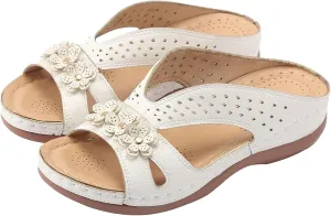 Orthopedic Sandals for Women 2025 Casual Vintage Flats Embroidered Vintage Hollow Summer Slippers Casual Outdoor Round Toe Shoes Fashion Flat Cute Floral Slide
