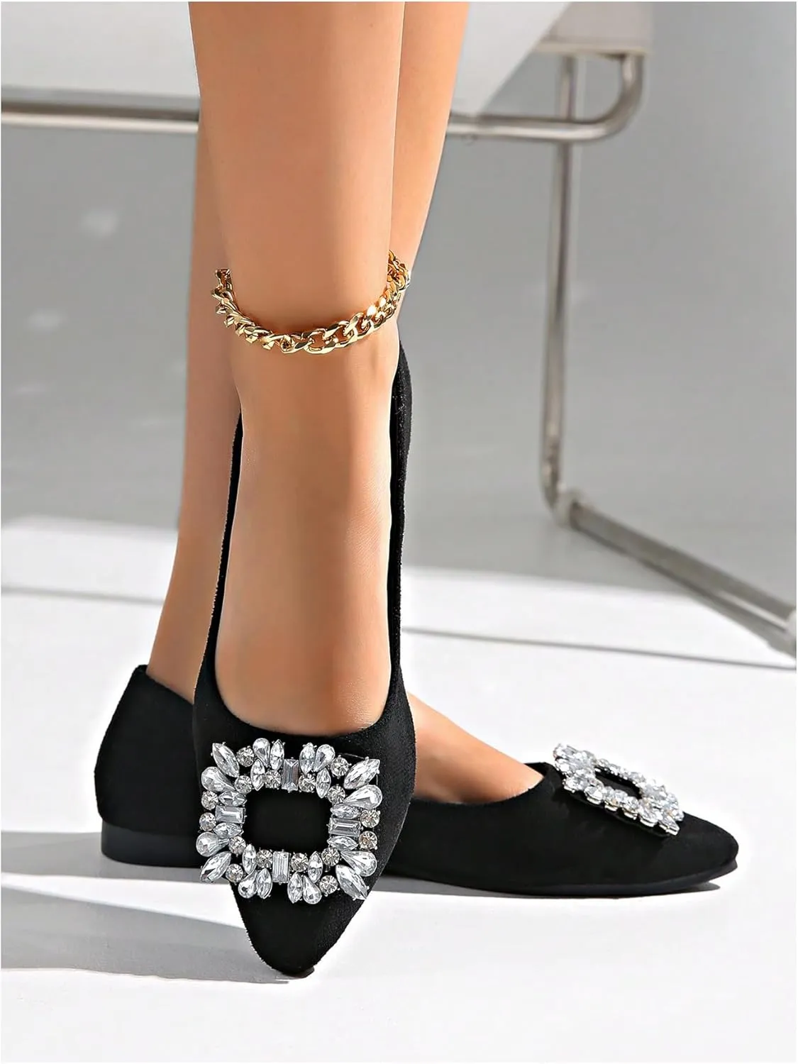 OYOANGLE Women's Rhinestone Ballet Flats Pointed Toe Slip On Elegant Casual Work Office Flat Shoes