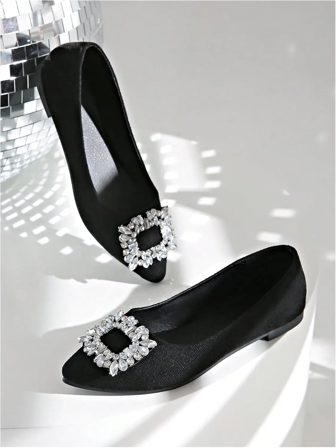 OYOANGLE Women's Rhinestone Ballet Flats Pointed Toe Slip On Elegant Casual Work Office Flat Shoes