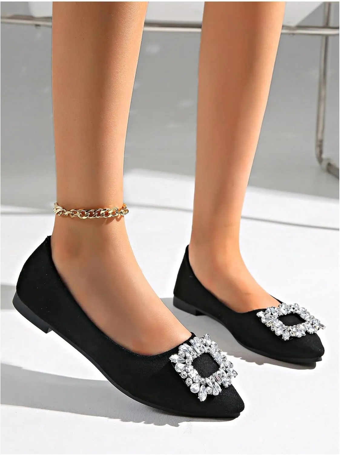 OYOANGLE Women's Rhinestone Ballet Flats Pointed Toe Slip On Elegant Casual Work Office Flat Shoes