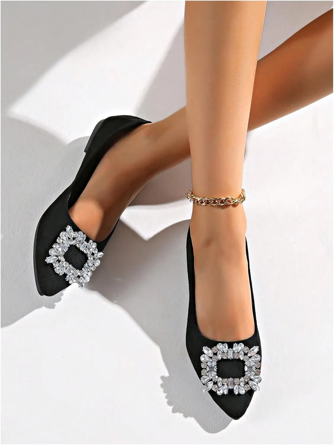 OYOANGLE Women's Rhinestone Ballet Flats Pointed Toe Slip On Elegant Casual Work Office Flat Shoes