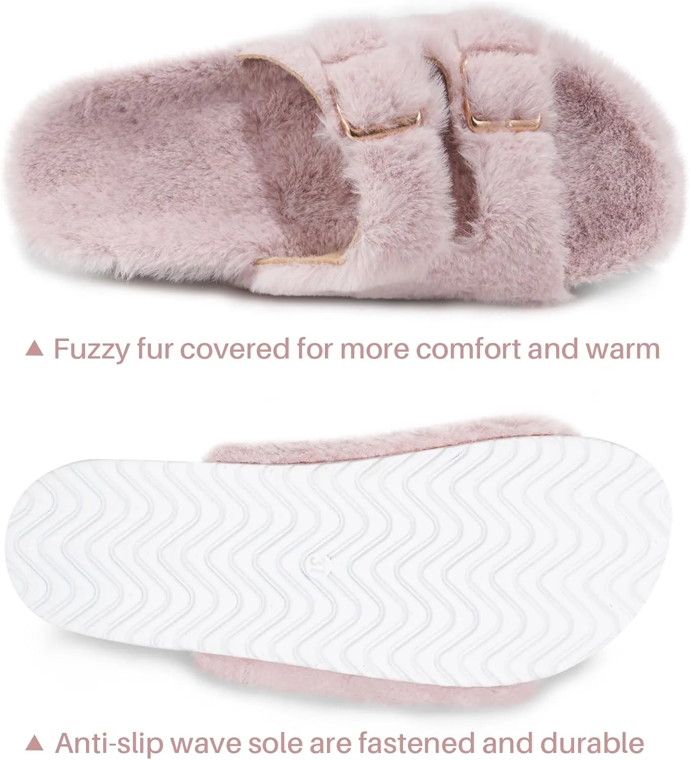 Parlovable Women's Slippers Fluffy Open Toe Fur House Shoes Arch Support Adjustable Straps Cork Slide Sandals Fuzzy Bedroom Non Slip Rubber Sole Breathable
