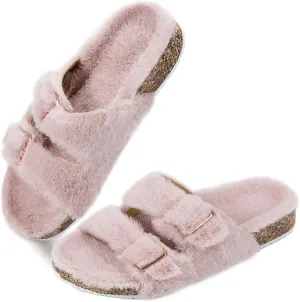 Parlovable Women's Slippers Fluffy Open Toe Fur House Shoes Arch Support Adjustable Straps Cork Slide Sandals Fuzzy Bedroom Non Slip Rubber Sole Breathable