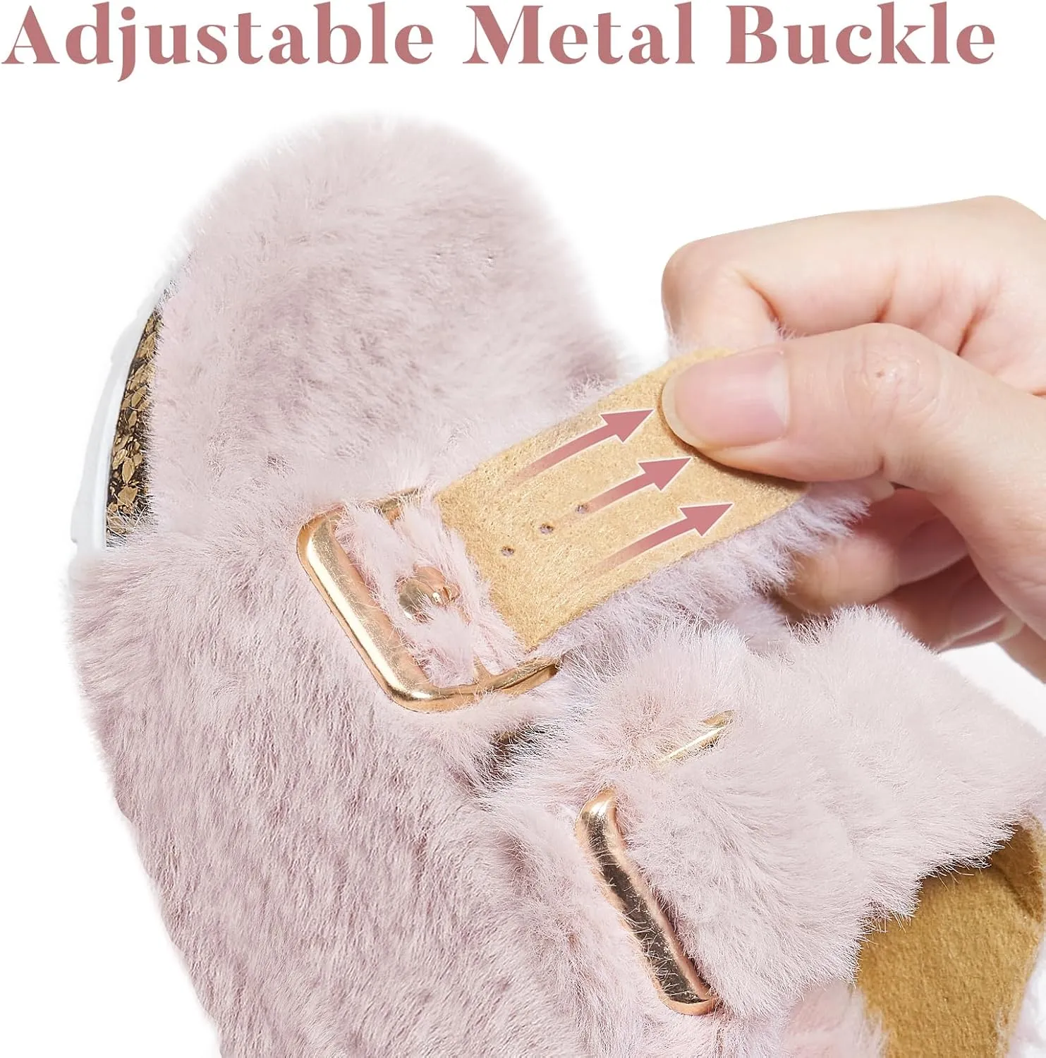 Parlovable Women's Slippers Fluffy Open Toe Fur House Shoes Arch Support Adjustable Straps Cork Slide Sandals Fuzzy Bedroom Non Slip Rubber Sole Breathable