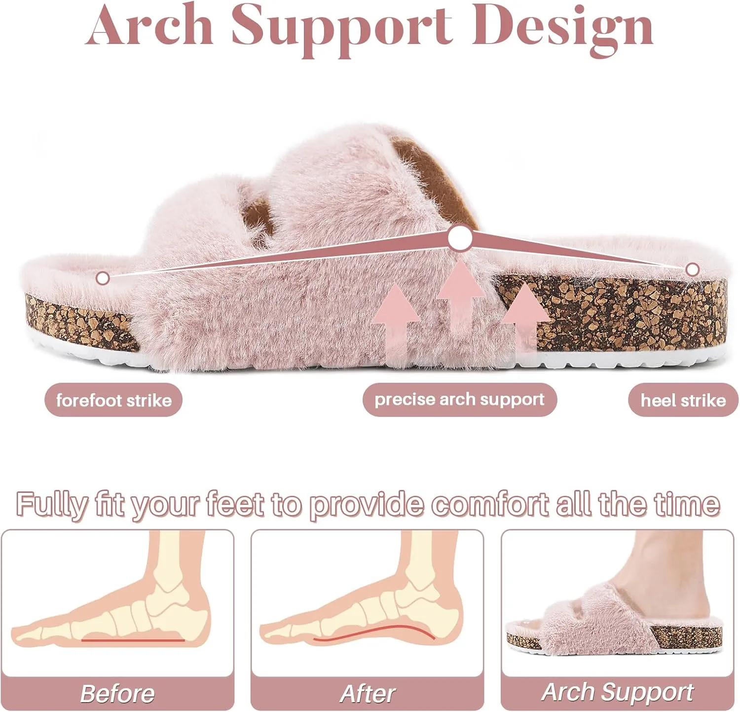 Parlovable Women's Slippers Fluffy Open Toe Fur House Shoes Arch Support Adjustable Straps Cork Slide Sandals Fuzzy Bedroom Non Slip Rubber Sole Breathable