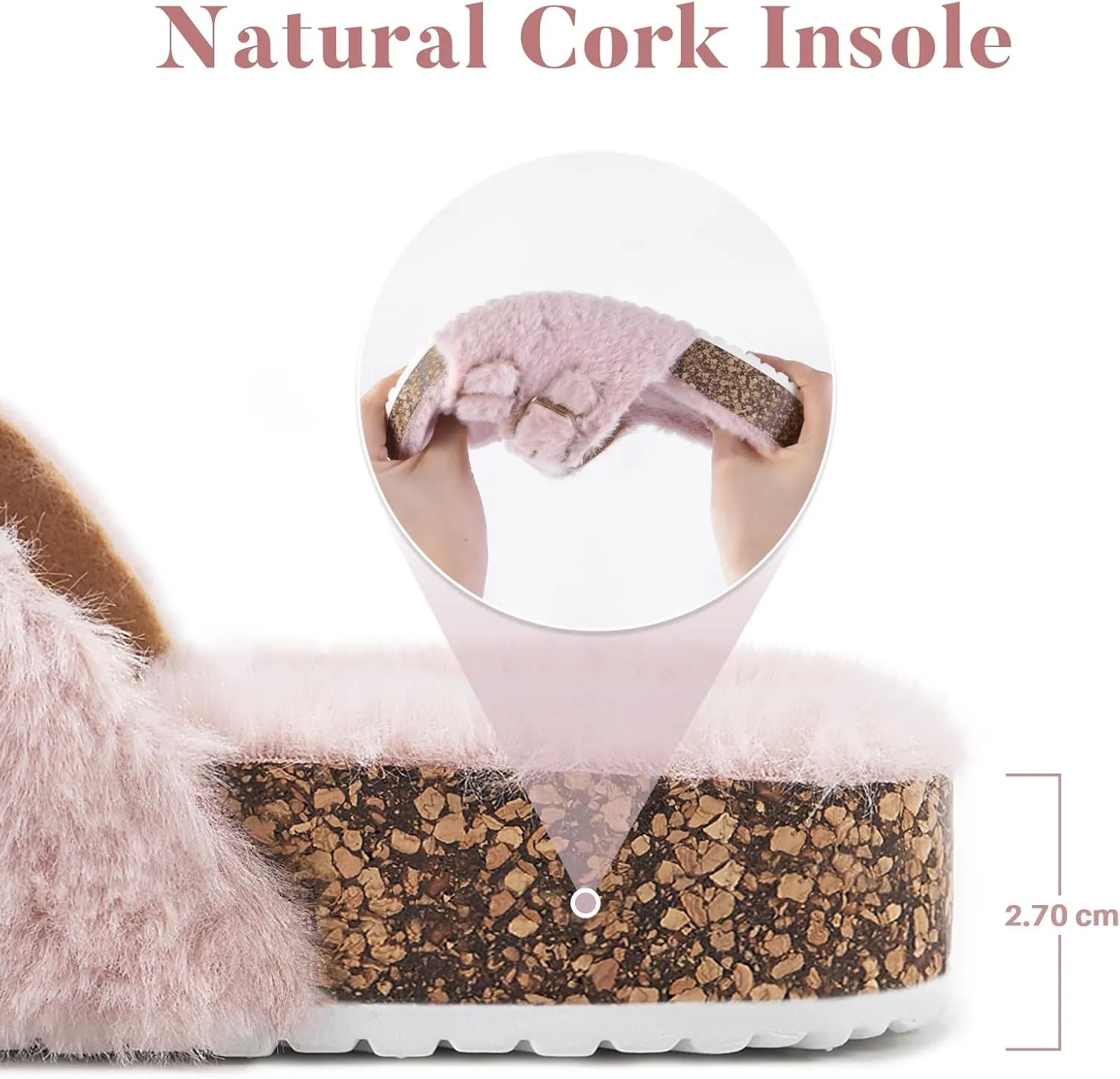Parlovable Women's Slippers Fluffy Open Toe Fur House Shoes Arch Support Adjustable Straps Cork Slide Sandals Fuzzy Bedroom Non Slip Rubber Sole Breathable