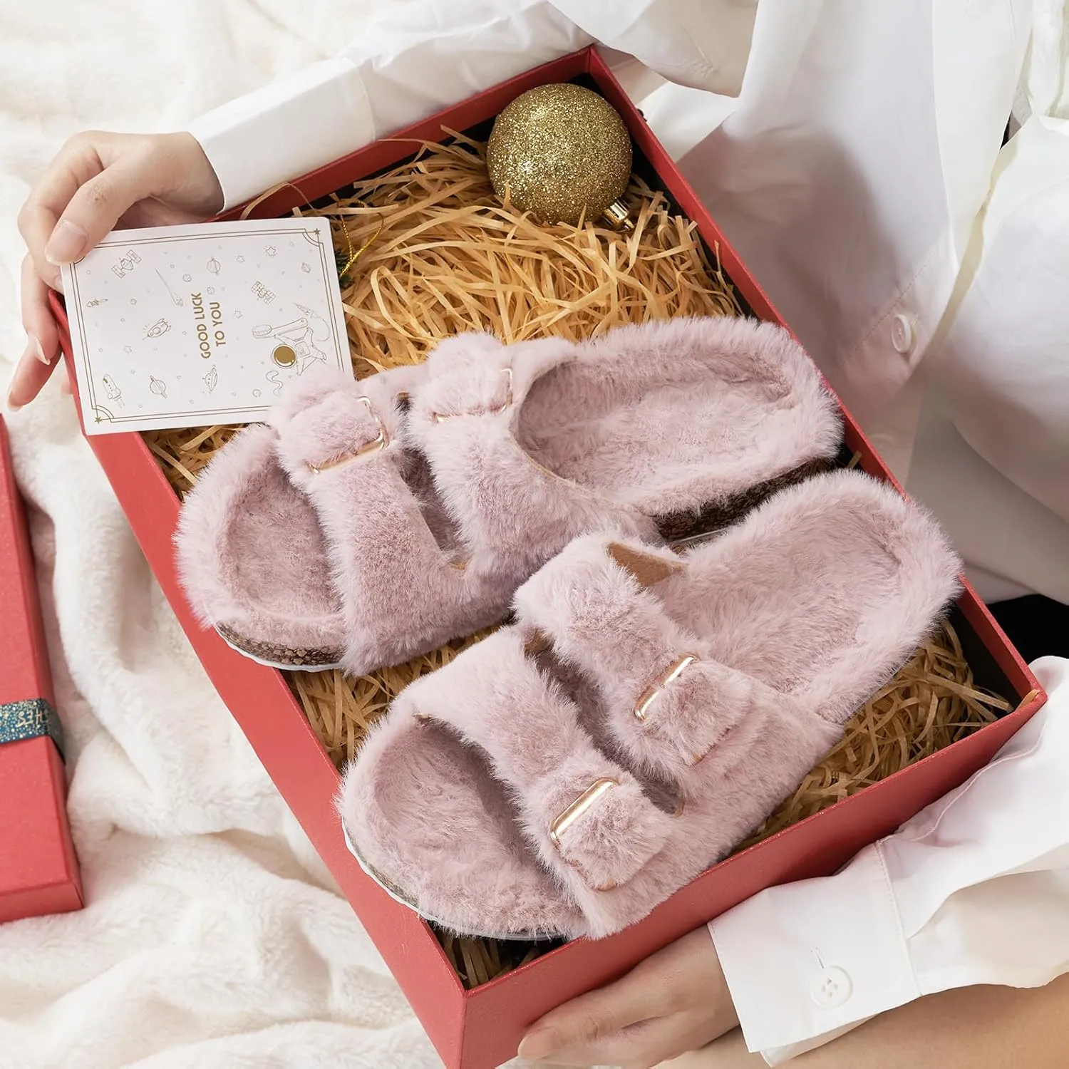 Parlovable Women's Slippers Fluffy Open Toe Fur House Shoes Arch Support Adjustable Straps Cork Slide Sandals Fuzzy Bedroom Non Slip Rubber Sole Breathable