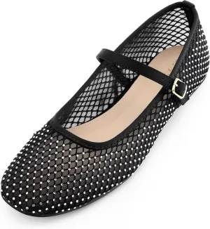 Perphy Rhinestone Breathable Mesh Ballet Flats Pumps for Women