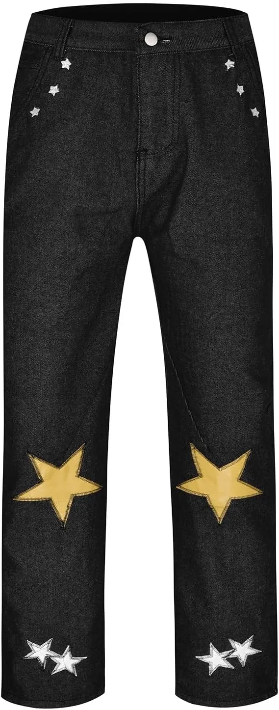 PGOJUNI Men's Black Baggy Jeans Hip Hop Loose fit 90s Vintage Cargo Denim Pants Fashion Dance Skater Skateboard Pants
