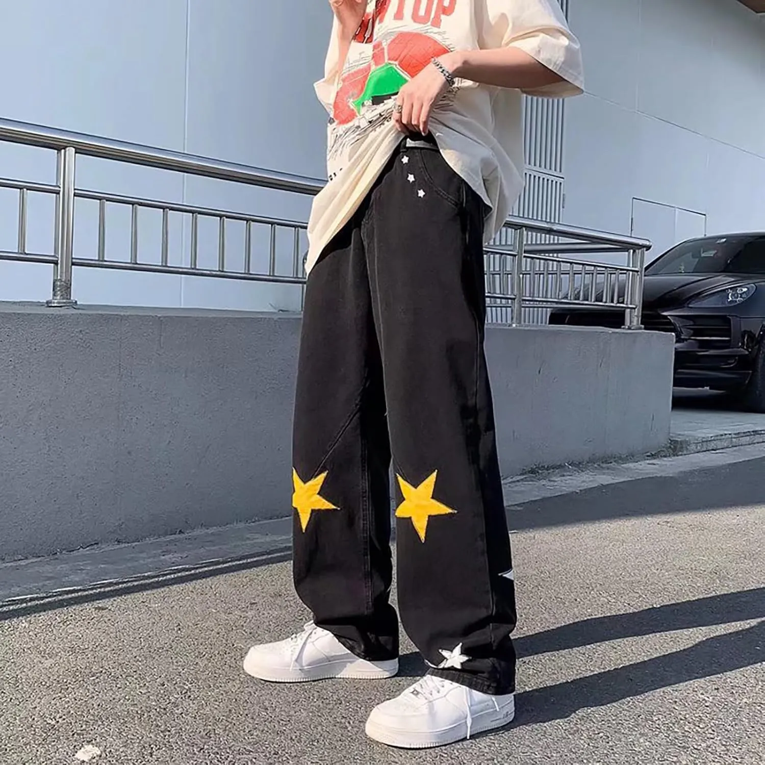 PGOJUNI Men's Black Baggy Jeans Hip Hop Loose fit 90s Vintage Cargo Denim Pants Fashion Dance Skater Skateboard Pants