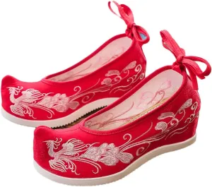 Phoenix Embroidery Women Flock Cotton Fabric Inside Platform Shoes Vintage Chinese Style Hanfu Shoes