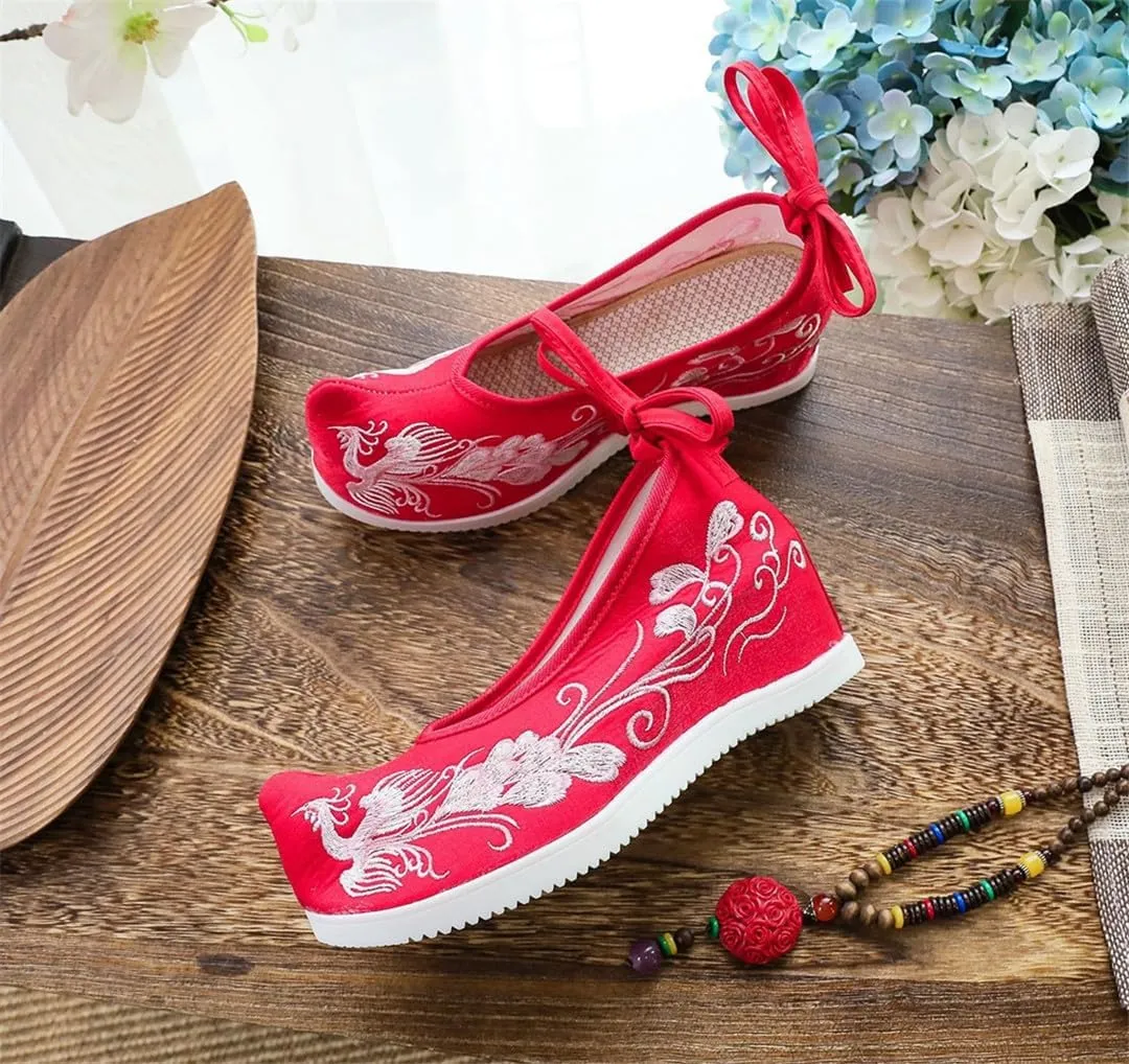 Phoenix Embroidery Women Flock Cotton Fabric Inside Platform Shoes Vintage Chinese Style Hanfu Shoes