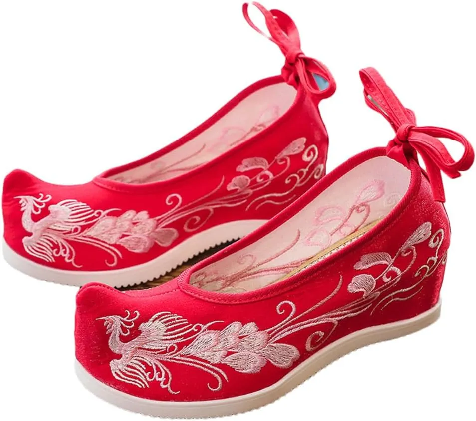Phoenix Embroidery Women Flock Cotton Fabric Inside Platform Shoes Vintage Chinese Style Hanfu Shoes