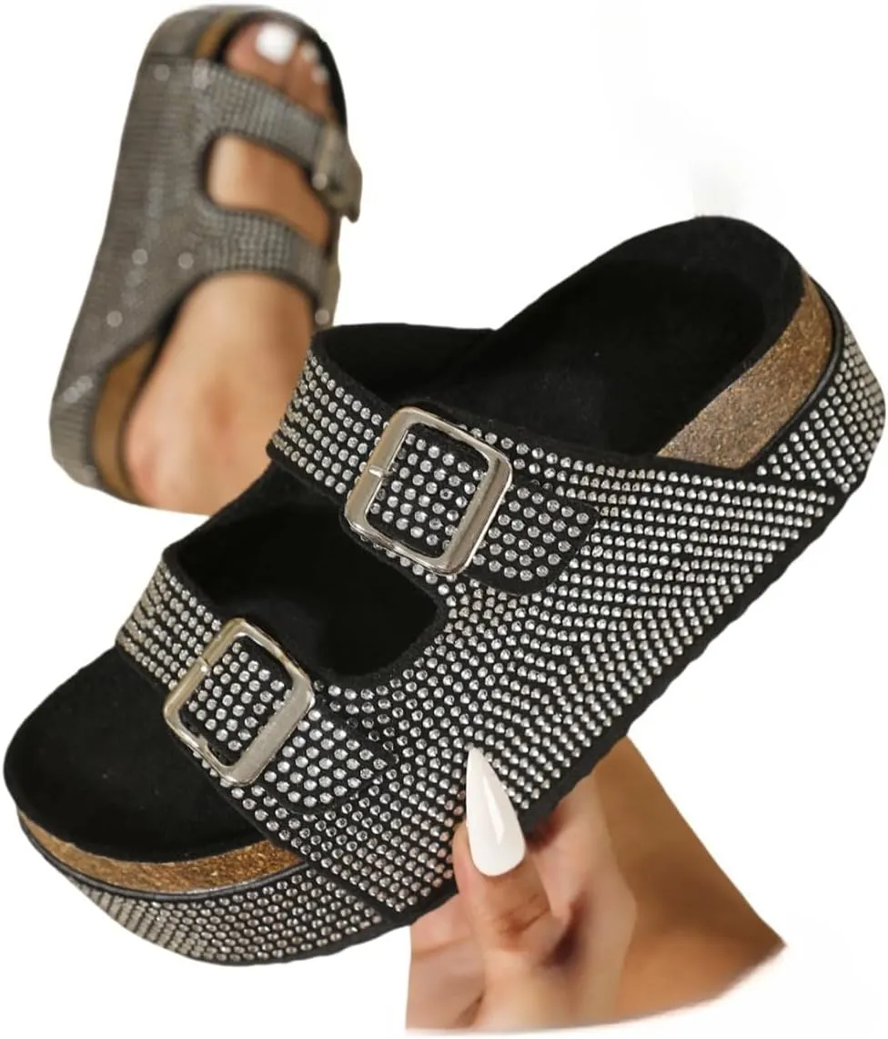 Platform Sandals Women Chunky Y2K, Women's Suede Slip On Flatform Slippers Comfortable with Cork Footbed Studded Flatform Sandals Adjustable Buckle Straps Flat Clogs Open Toe Slide Sandal