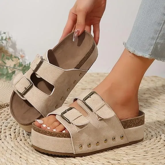 Platform Sandals Women Chunky Y2K, Women's Suede Slip On Flatform Slippers Comfortable with Cork Footbed Studded Flatform Sandals Adjustable Buckle Straps Flat Clogs Open Toe Slide Sandal
