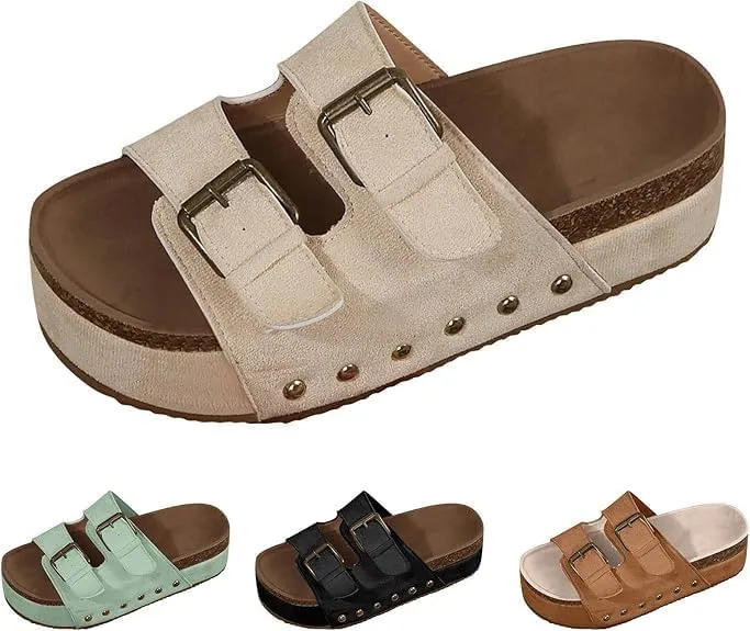Platform Sandals Women Chunky Y2K, Women's Suede Slip On Flatform Slippers Comfortable with Cork Footbed Studded Flatform Sandals Adjustable Buckle Straps Flat Clogs Open Toe Slide Sandal