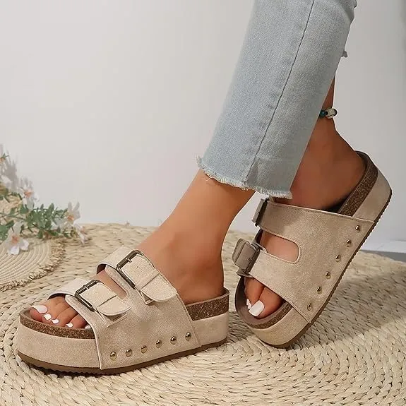 Platform Sandals Women Chunky Y2K, Women's Suede Slip On Flatform Slippers Comfortable with Cork Footbed Studded Flatform Sandals Adjustable Buckle Straps Flat Clogs Open Toe Slide Sandal