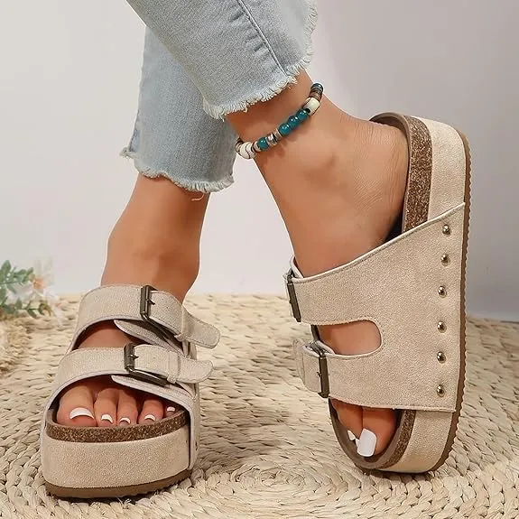 Platform Sandals Women Chunky Y2K, Women's Suede Slip On Flatform Slippers Comfortable with Cork Footbed Studded Flatform Sandals Adjustable Buckle Straps Flat Clogs Open Toe Slide Sandal