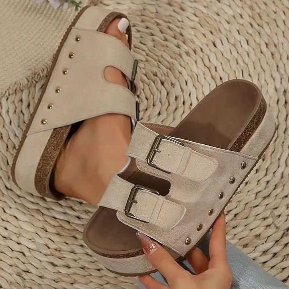 Platform Sandals Women Chunky Y2K, Women's Suede Slip On Flatform Slippers Comfortable with Cork Footbed Studded Flatform Sandals Adjustable Buckle Straps Flat Clogs Open Toe Slide Sandal